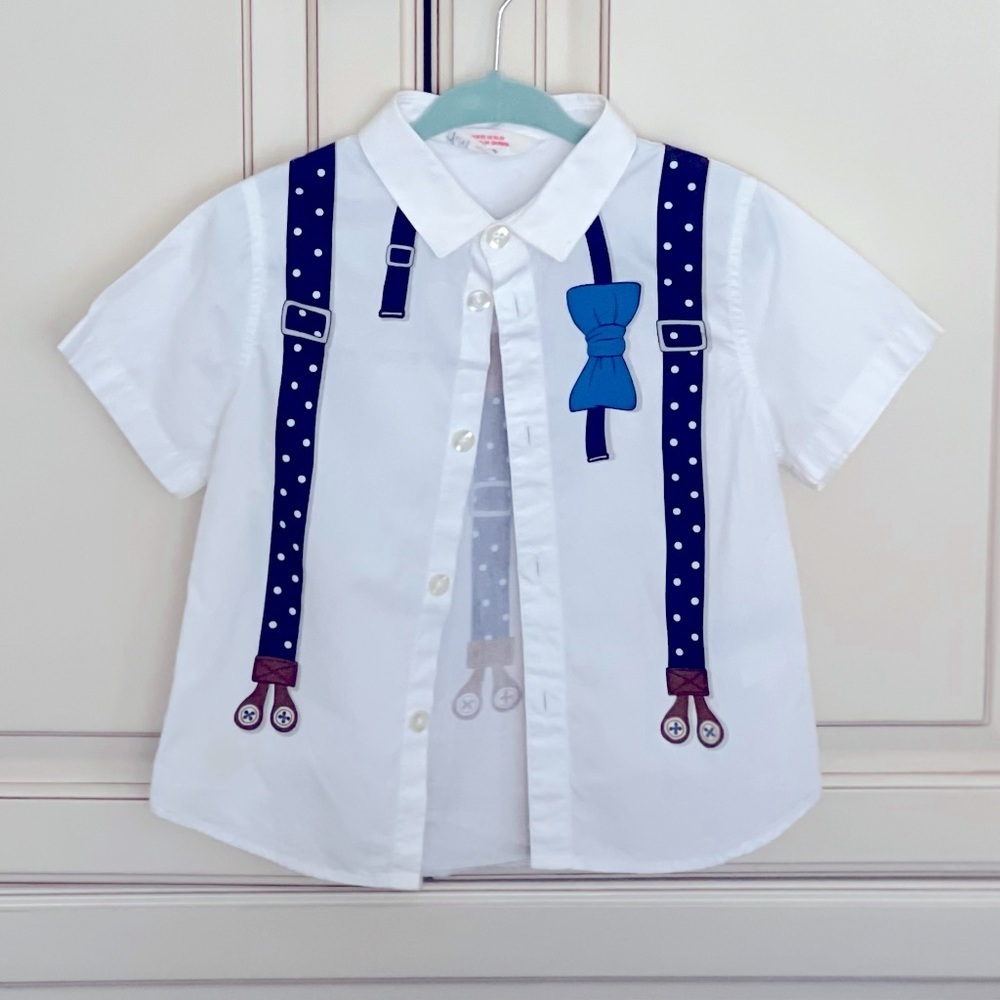 H&M Baby Boy Dressy Shirt with Printed Suspenders Size 1.5/2